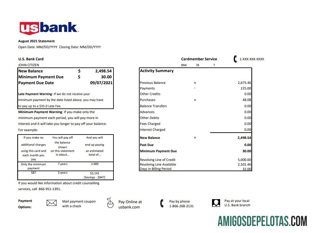 Realistis AS U.S. bank Kredit kartu laporan templat in .XLS and .PDF Berkas format