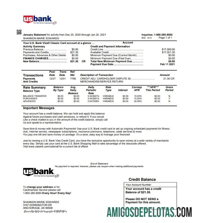 Realistis AS U.S. bank Kredit kartu laporan templat in Word and PDF format