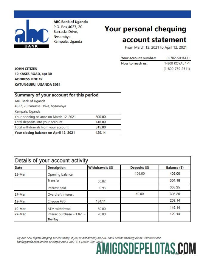 Uganda ABC bank of Uganda Excel PDF templat