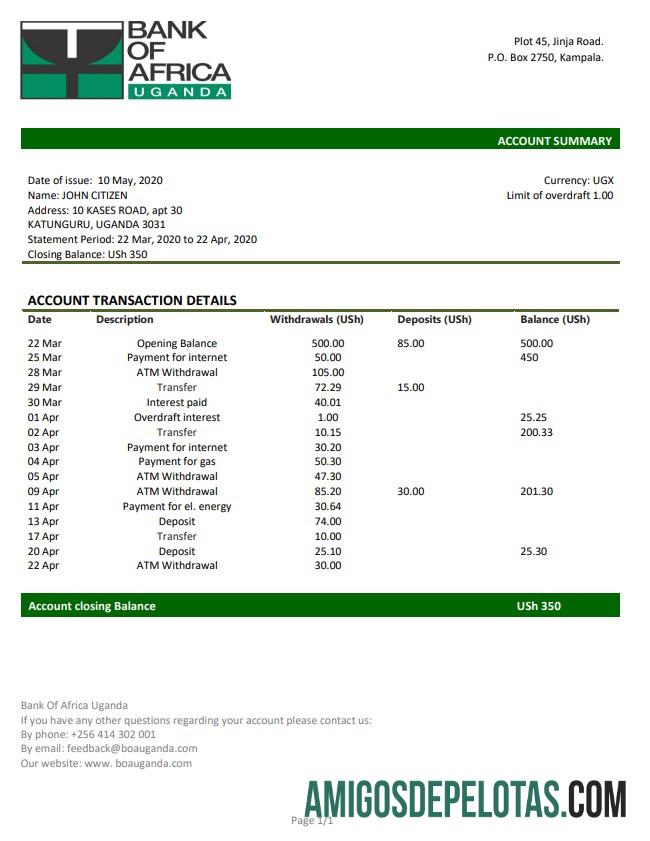 Dapat Diedit Uganda bank of Africa proof of address bank laporan templat in Word and PDF format