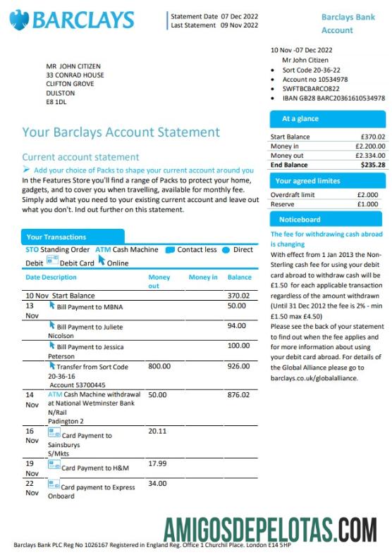 Premium Inggris Raya Barclays bank rekening laporan templat in Word and PDF format, versi 1