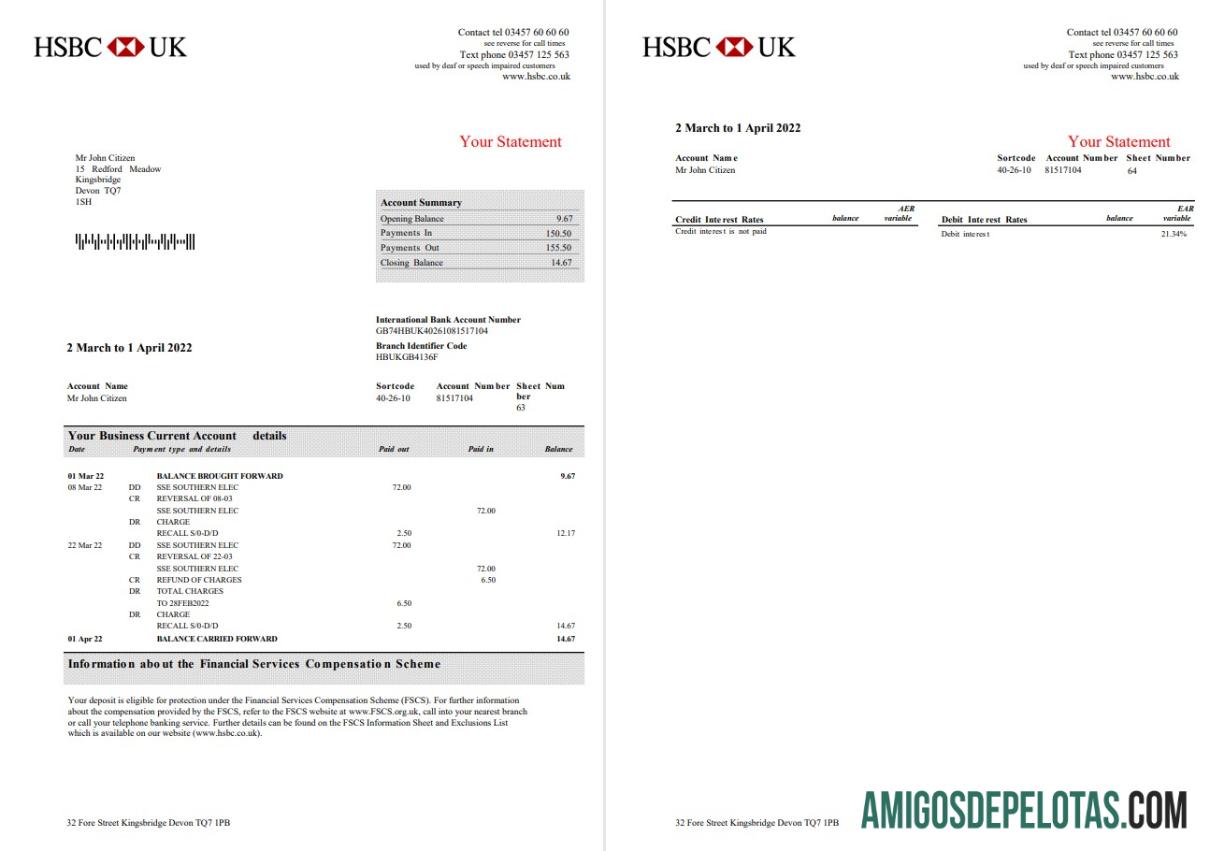 Profesional Inggris Raya HSBC bank bisnis rekening laporan Word and PDF templat, 3 pages