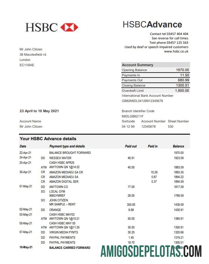 Inggris Raya HSBC Excel PDF templat