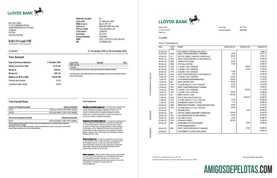 Berkualitas Inggris Raya Lloyds bank laporan templat in Word and PDF format, good for address prove (2 pages)