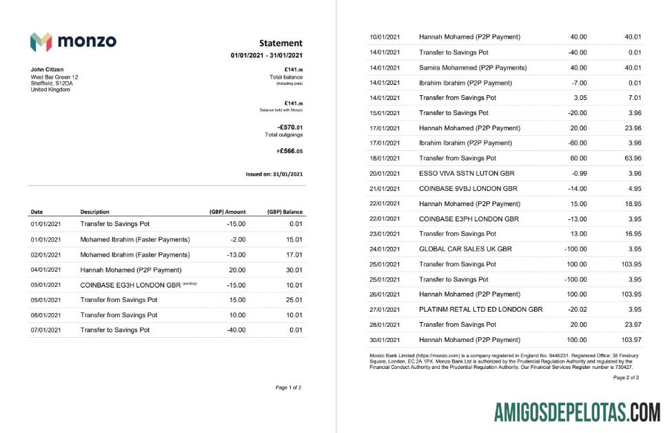 Realistis Inggris Raya Monzo bank laporan templat in Word and PDF format (3 pages), good for address prove
