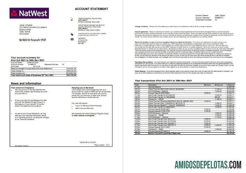 Realistis Inggris Raya NatWest bank rekening laporan templat in Word and PDF format, 2 pages