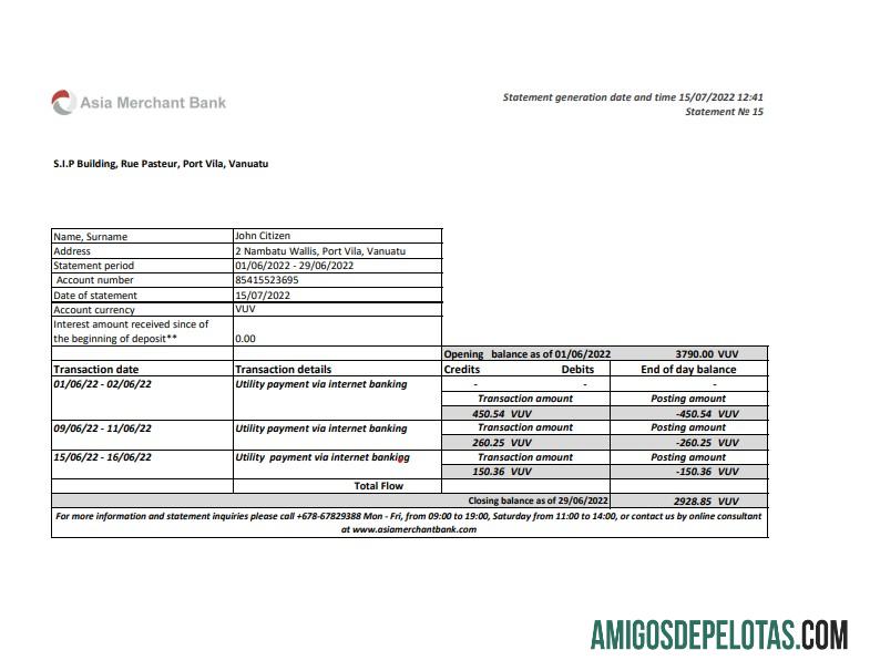 ভানুয়াতু Asia Merchant ব্যাংক স্টেটমেন্ট, Excel and PDF ফরম্যাট ডিজাইন