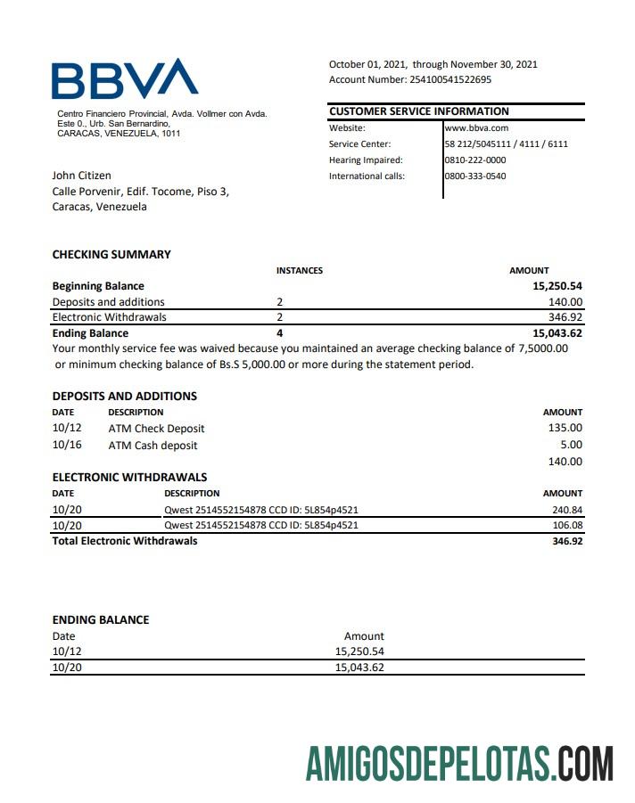 ভেনেজুয়েলা BBVA ব্যাংক Excel PDF নমুনা