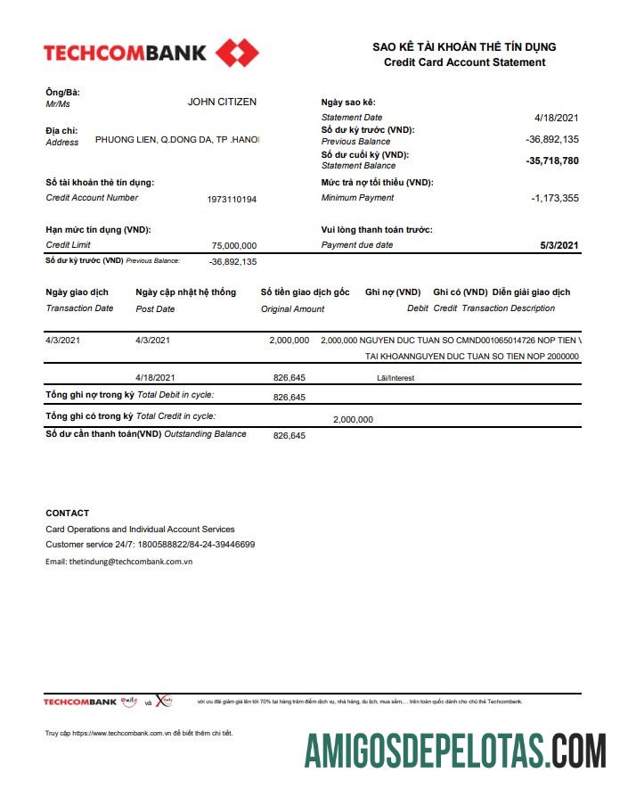 ভিয়েতনাম Techcombank Excel PDF নমুনা