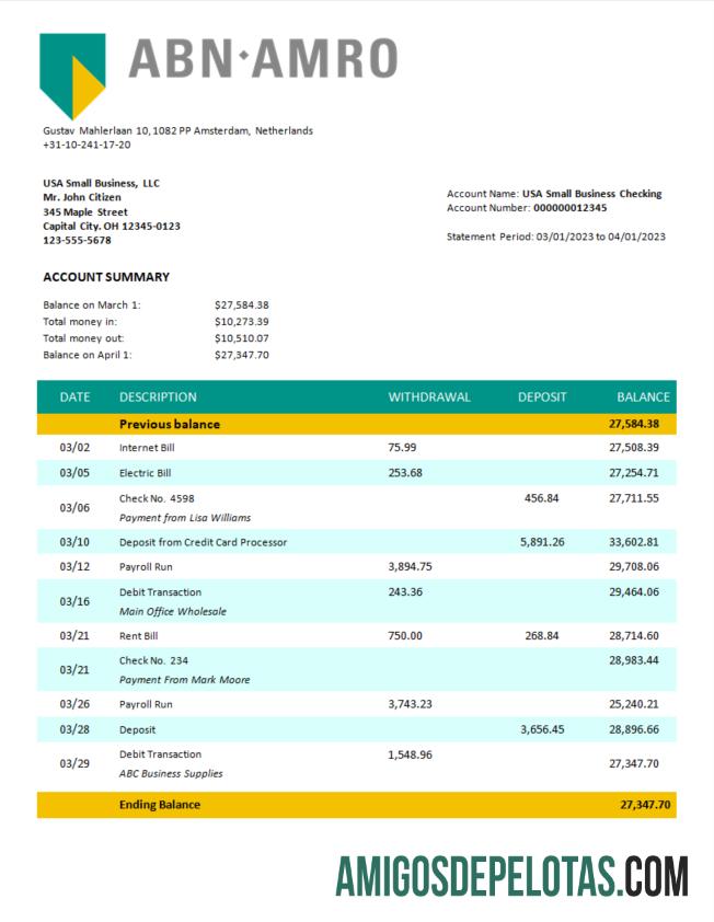 Berkualitas ABN Amro bank Perusahaan checking rekening laporan Word and PDF templat