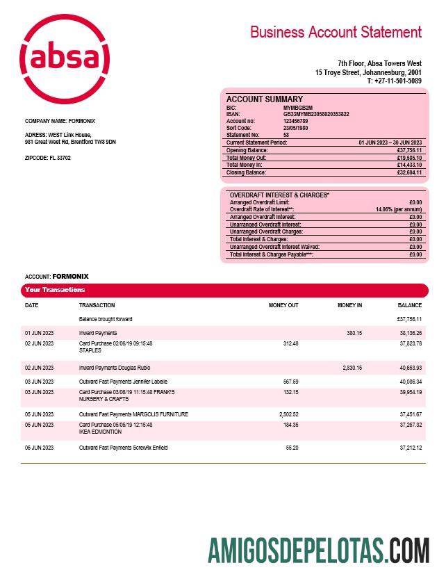 Dapat Diedit Absa bank Perusahaan checking rekening laporan Word and PDF templat