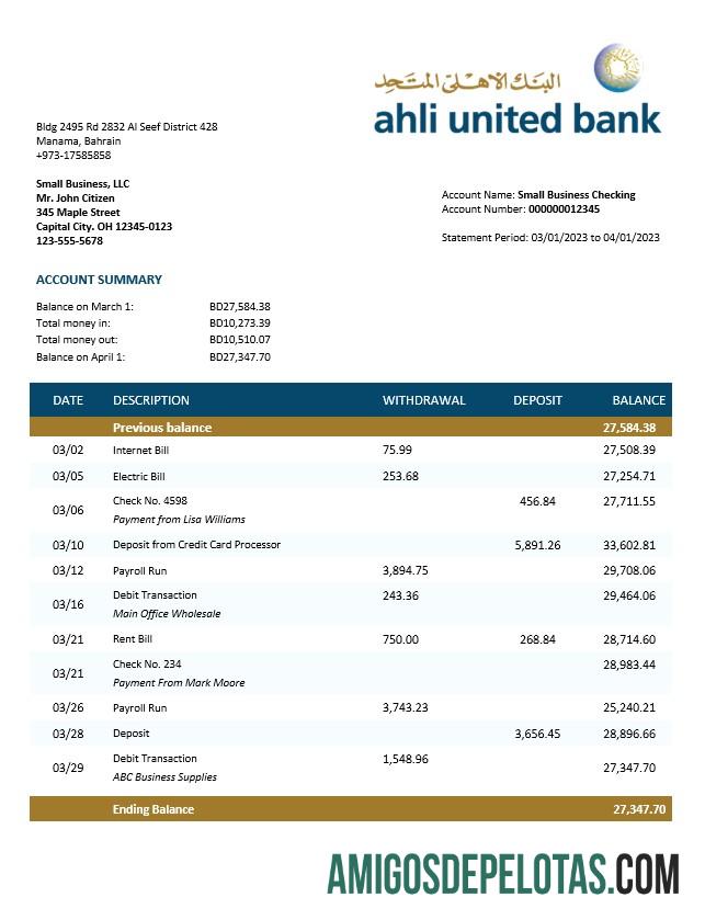 Premium Ahli United bank firm rekening laporan Word and PDF templat