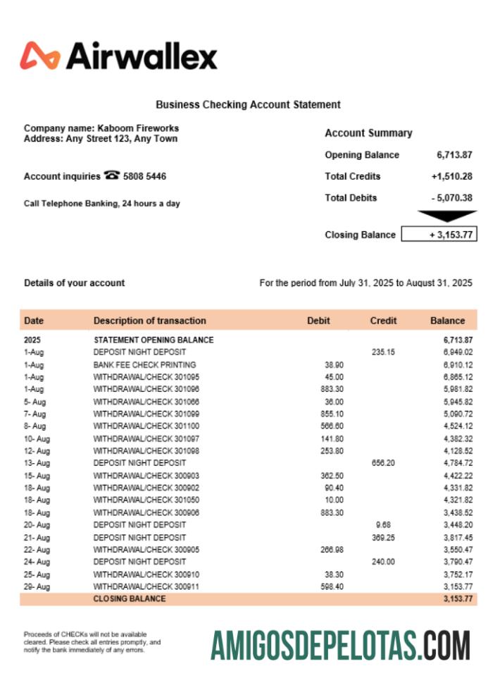 Airwallex Limited organization checking rekening laporan Word and PDF format templat