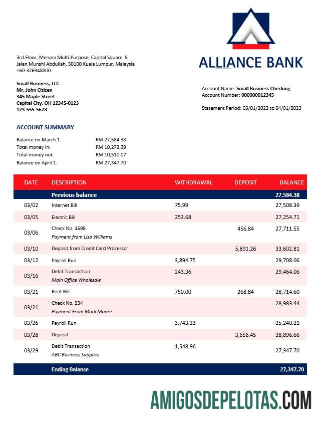 Profesional Alliance bank enterprise rekening laporan Word and PDF templat