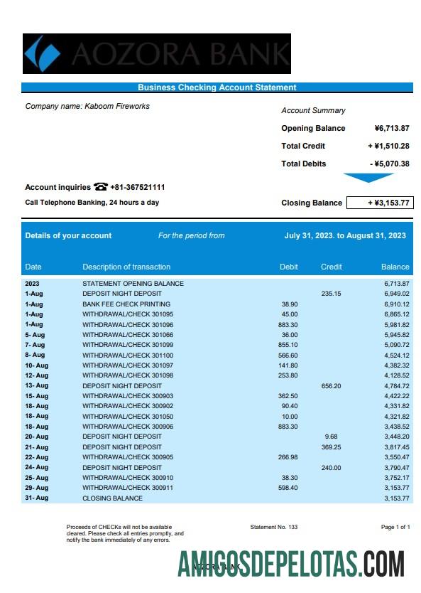 Dapat Diedit Aozora bank organization checking rekening laporan Word and PDF templat