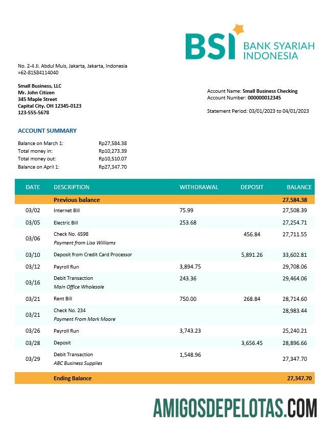 Premium bank Syariah Indonesia organization checking rekening laporan Word and PDF templat