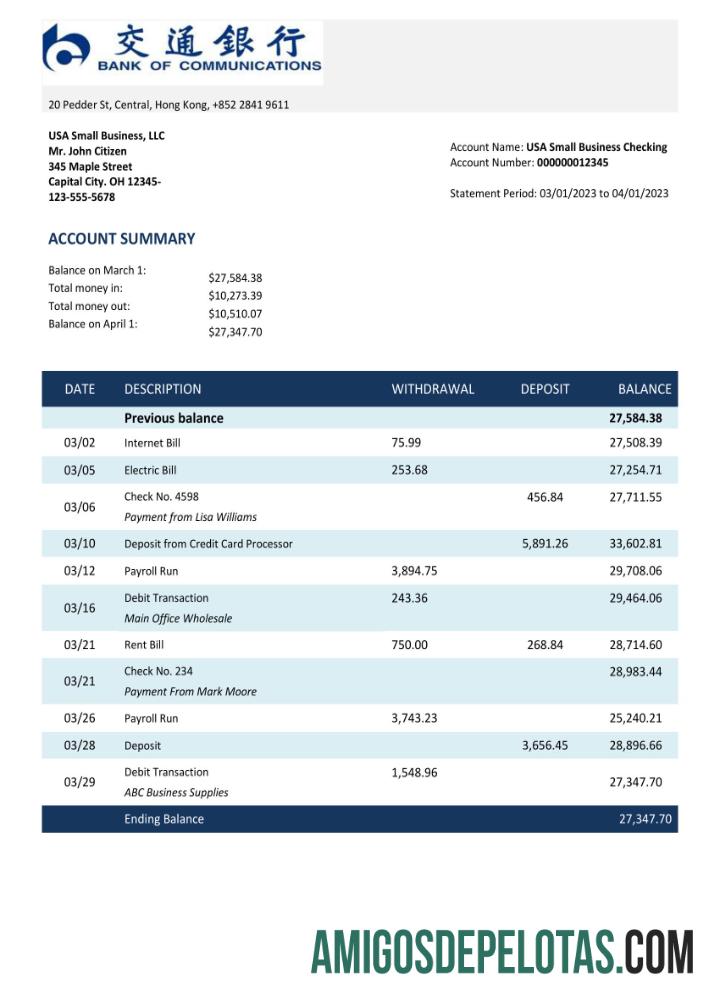 Berkualitas bank of Communications bank enterprise rekening laporan Word and PDF templat
