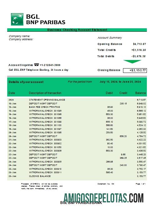 Profesional BGL BNP Paribas bisnis checking rekening laporan Word and PDF templat scr