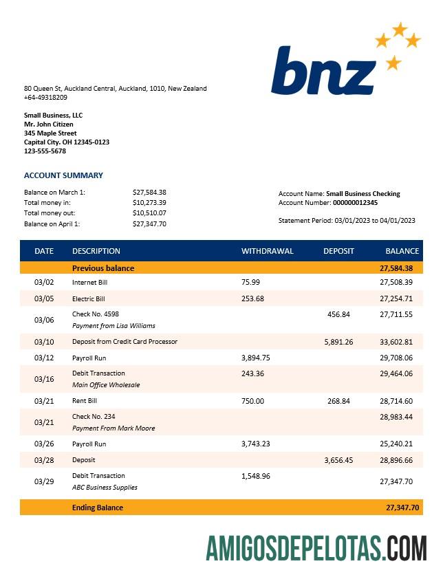 Berkualitas BNZ bank organization rekening laporan Word and PDF templat