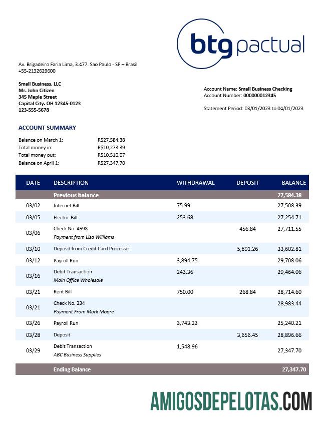Profesional BTG Pactual bank bisnis checking rekening laporan Word and PDF templat