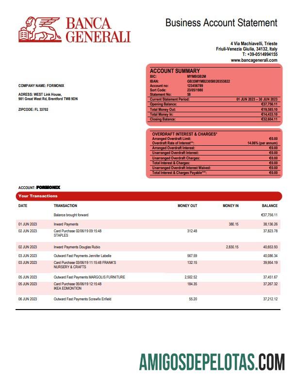 Premium Banca Generali organization checking rekening laporan Word and PDF templat