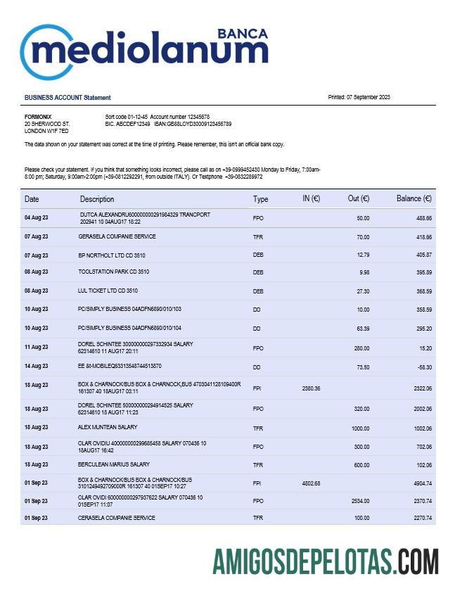 Profesional Banca Mediolanum firm rekening laporan Word and PDF templat