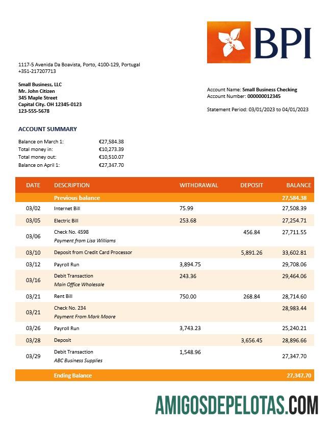 Berkualitas Banco BPI firm rekening laporan Word and PDF templat
