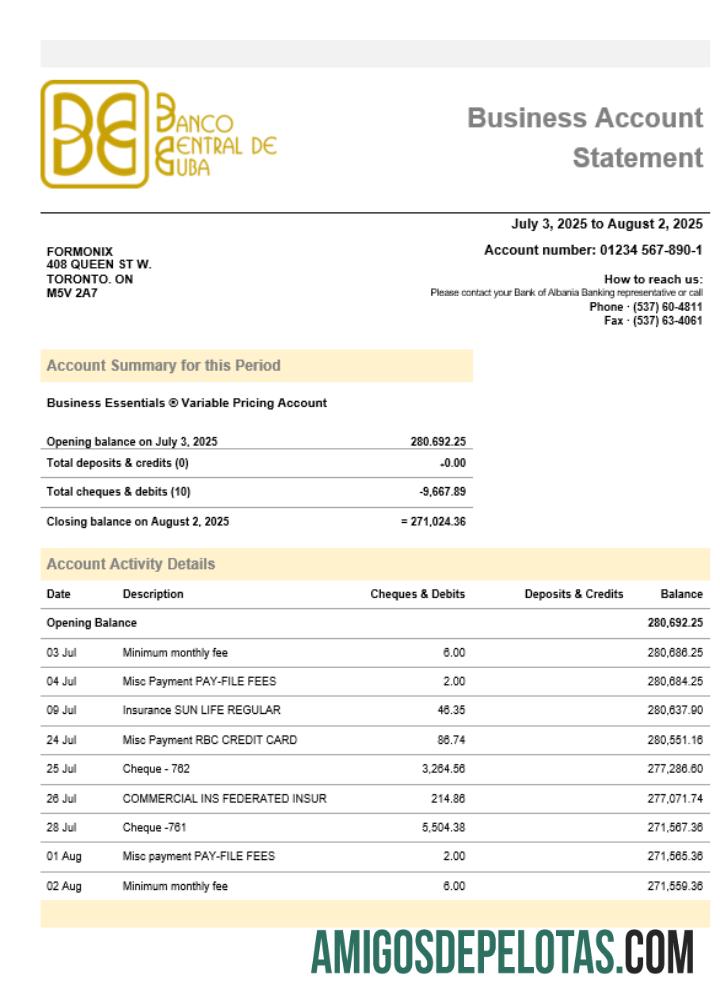 Banco Central de Cuban bank bisnis firm rekening laporan Word snd PDF format sampel