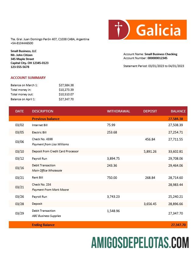 Berkualitas Banco Galicia Perusahaan rekening laporan Word and PDF templat