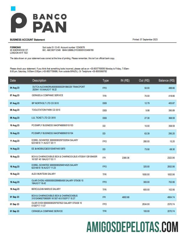 Profesional Banco Pan bank firm rekening laporan Word and PDF templat