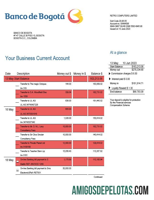 Realistis Banco de Bogota╠ü enterprise rekening laporan Word and PDF templat