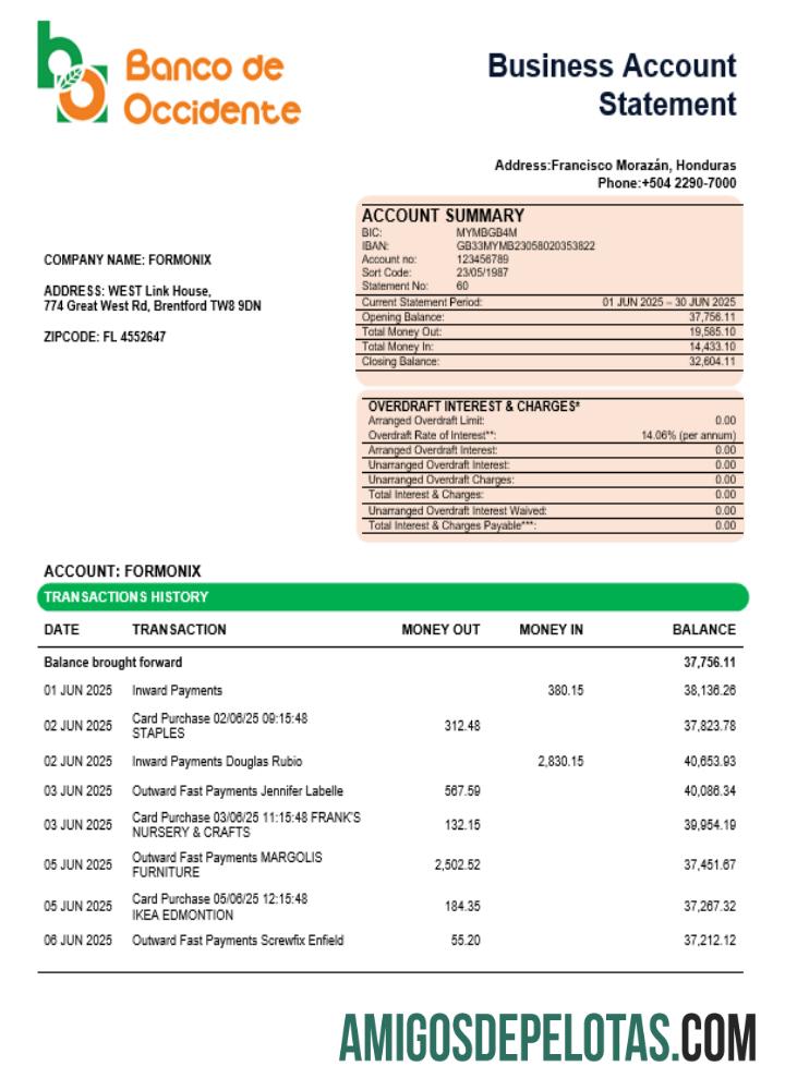 Premium Banco de Occidente firm rekening laporan Word and PDF templat