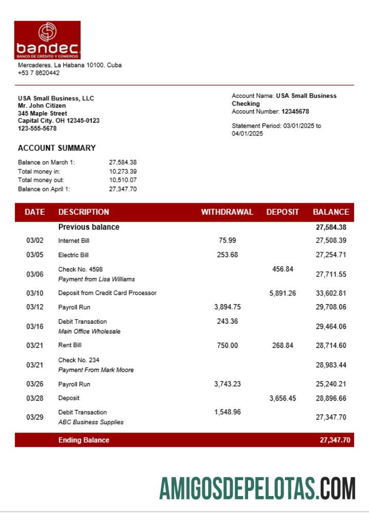 Bandec Banco de Credito y Comercio bisnis firm rekening bank laporan Word and PDF format sampel