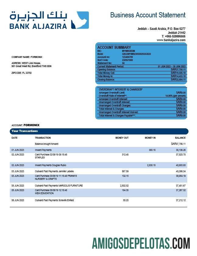 Realistis bank AlJazira firm rekening laporan Word and PDF templat
