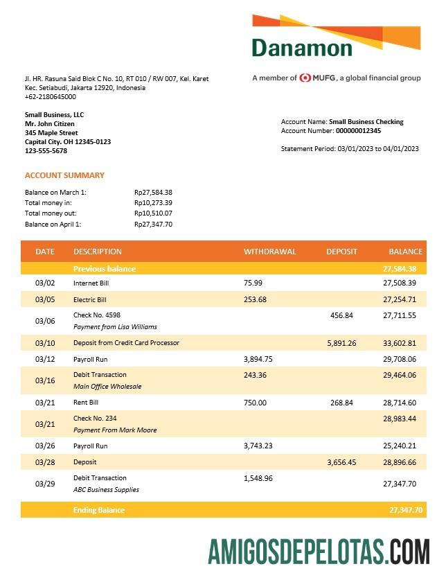 Realistis bank Danamon enterprise rekening laporan Word and PDF templat