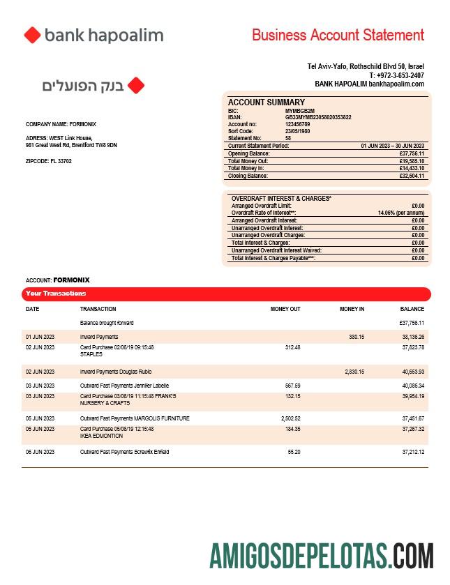 Premium bank Hapoalim firm rekening laporan Word and PDF templat