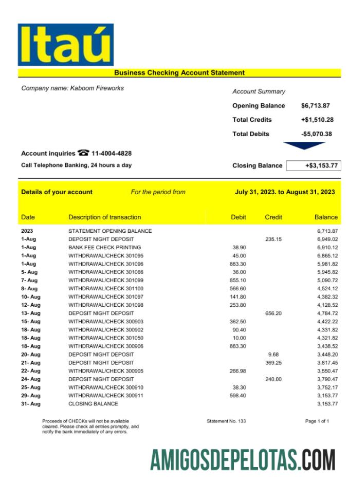 Premium bank Itau╠ü enterprise rekening laporan Word and PDF templat
