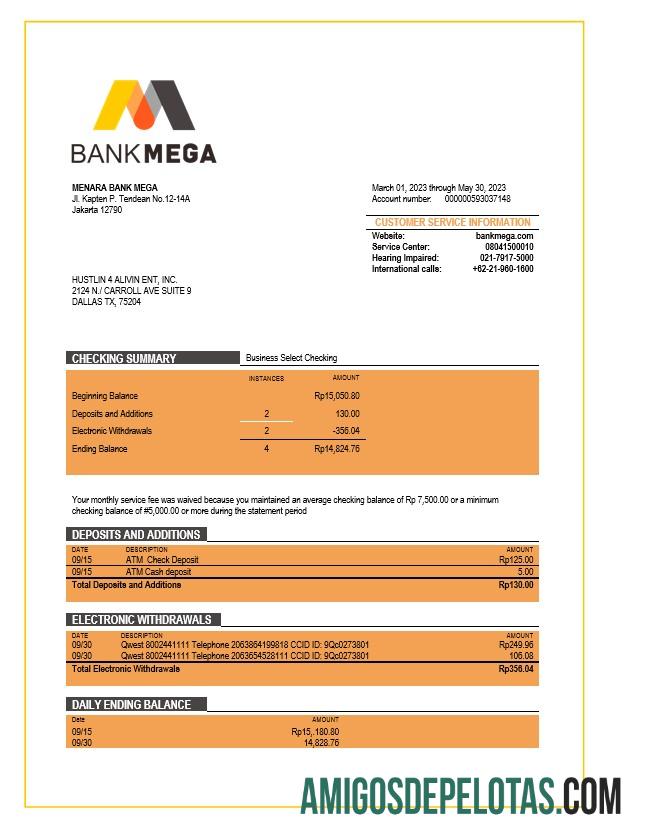 Realistis bank Mega corporate checking rekening laporan Word and PDF templat