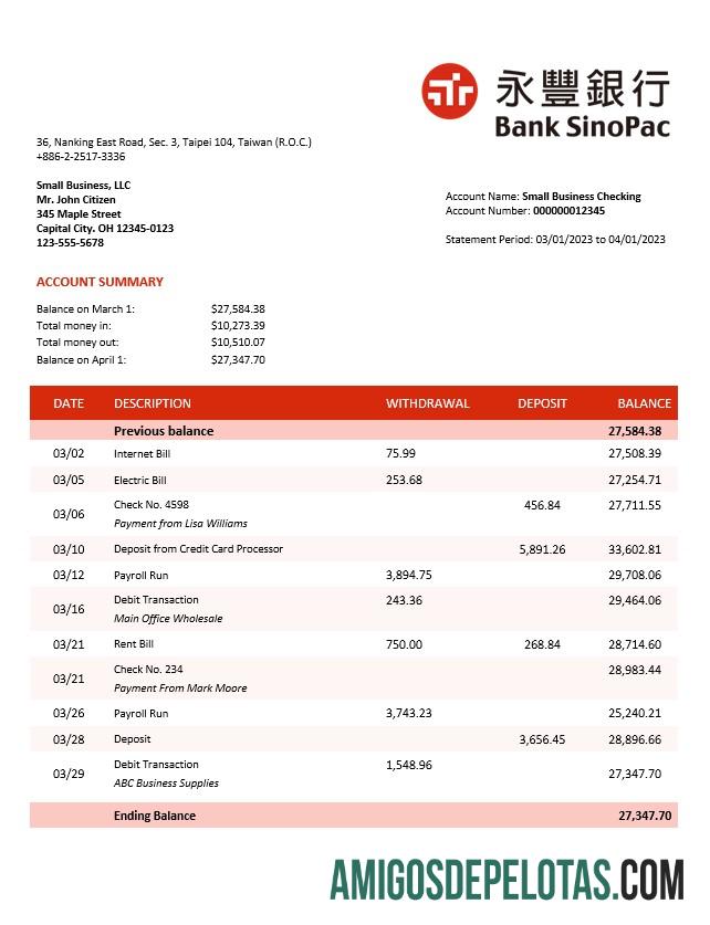 Berkualitas bank Sinopac enterprise rekening laporan Word and PDF templat
