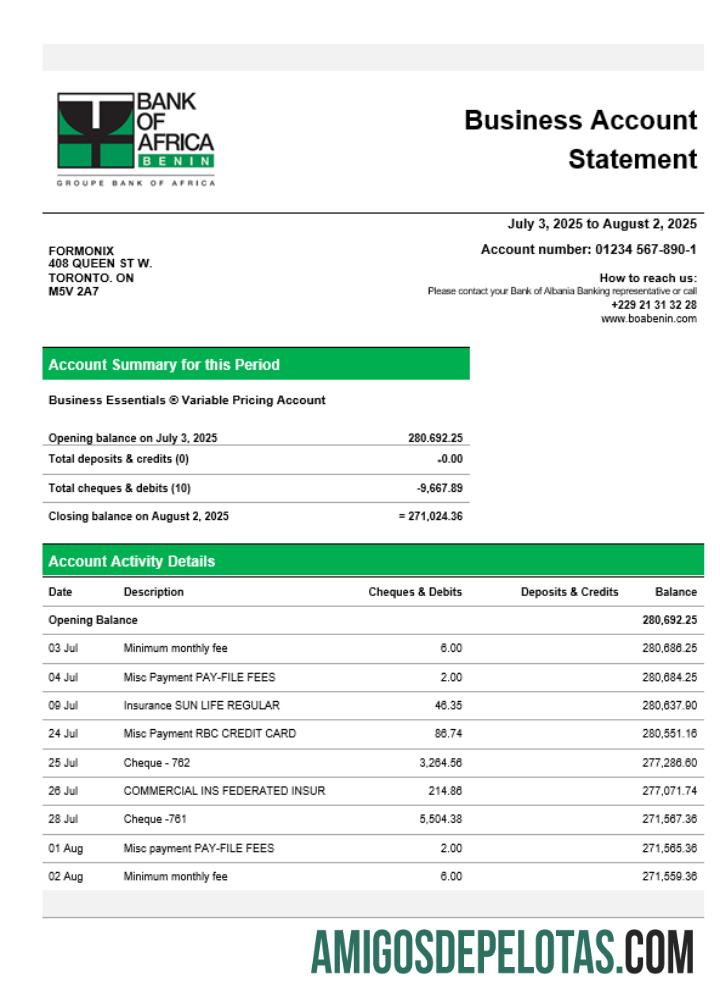 Profesional bank of Africa Perusahaan checking rekening laporan Word and PDF templat