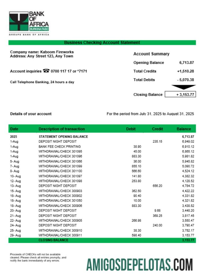 Premium bank of Africa corporate checking rekening laporan Word and PDF templat