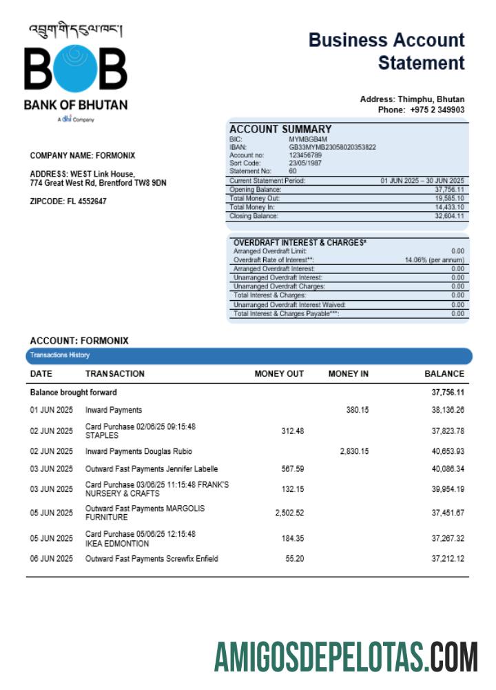 Realistis bank of Bhutanese enterprise rekening laporan Word and PDF templat