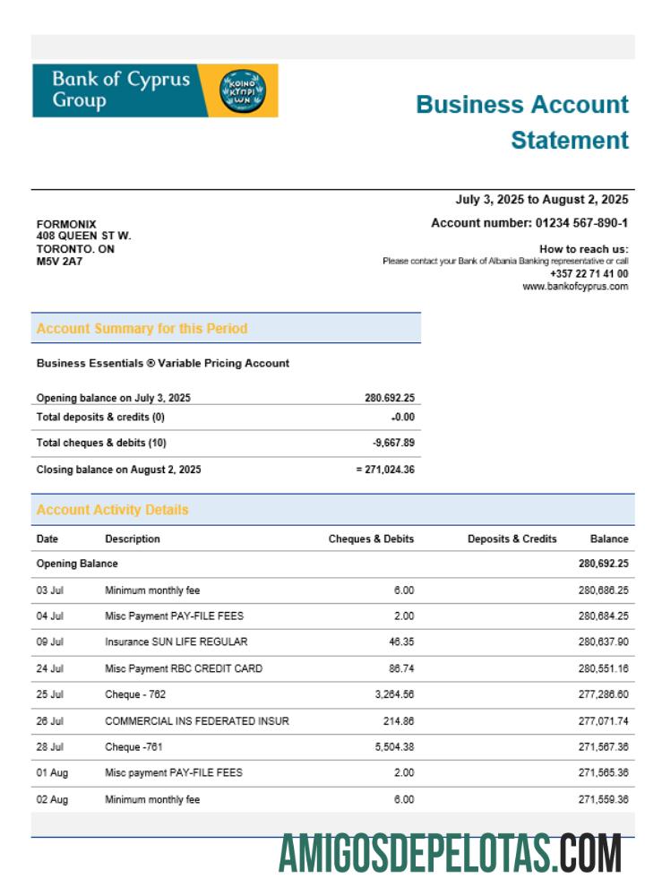 bank of Cypriot firm rekening laporan Word and PDF format sampel