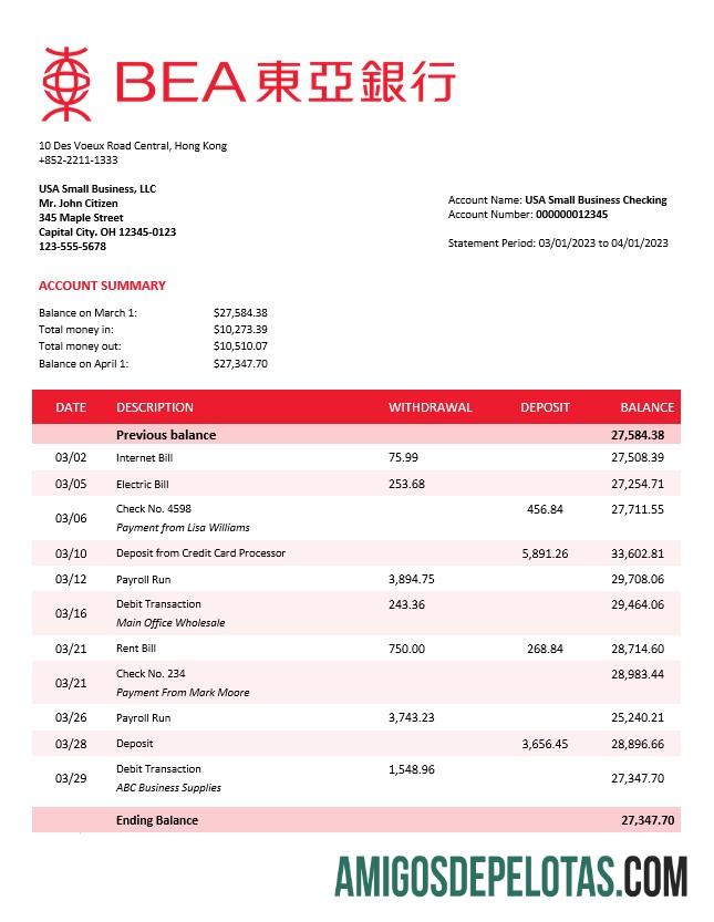 Realistis bank of East Asia firm rekening laporan Word and PDF templat
