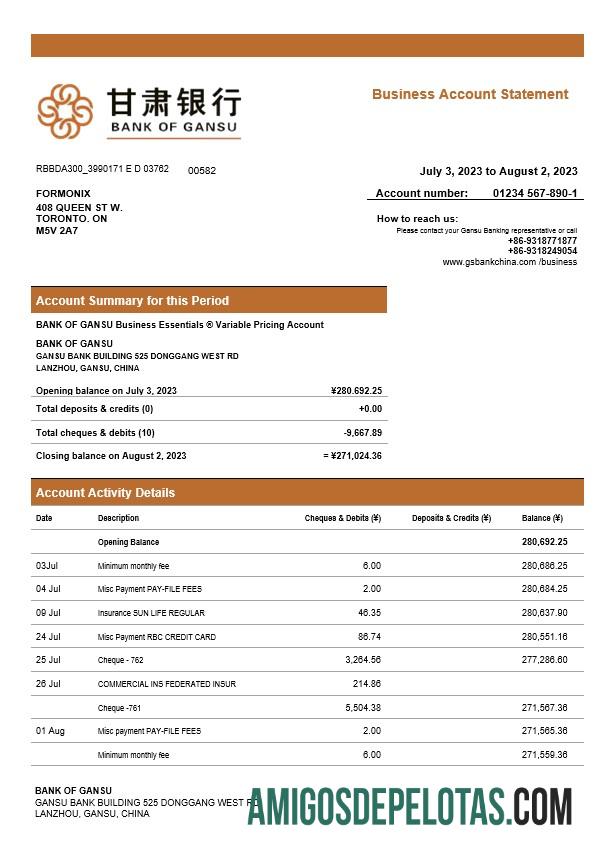 Realistis bank of Gansu bisnis checking rekening laporan Word and PDF templat