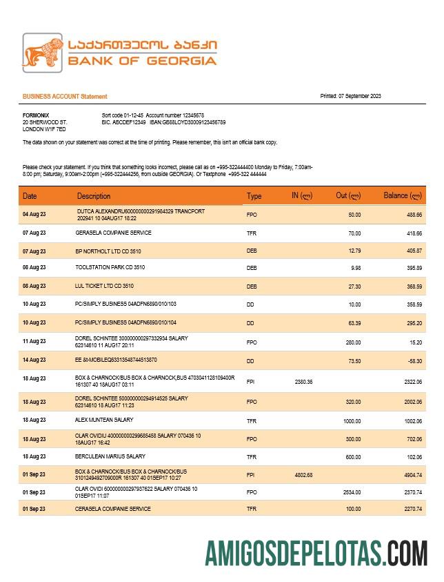 bank of Georgia bisnis checking rekening laporan Word and PDF templat pratinjau
