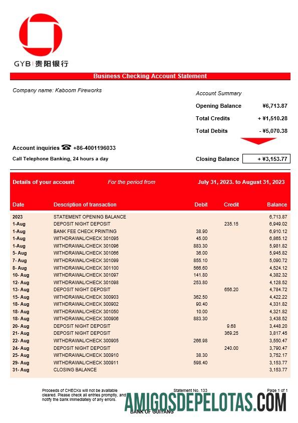 Dapat Diedit bank of Guiyang firm rekening laporan Word and PDF templat
