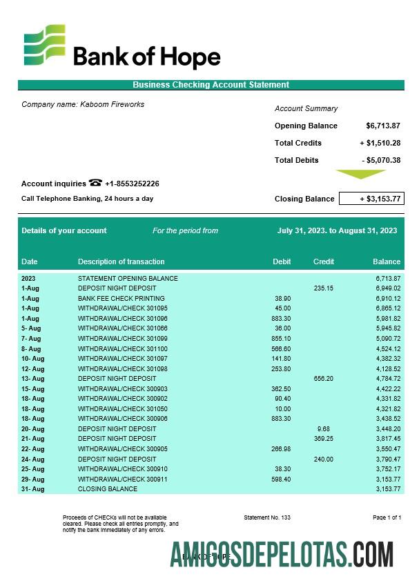 Dapat Diedit bank of Hope Perusahaan checking rekening laporan Word and PDF templat