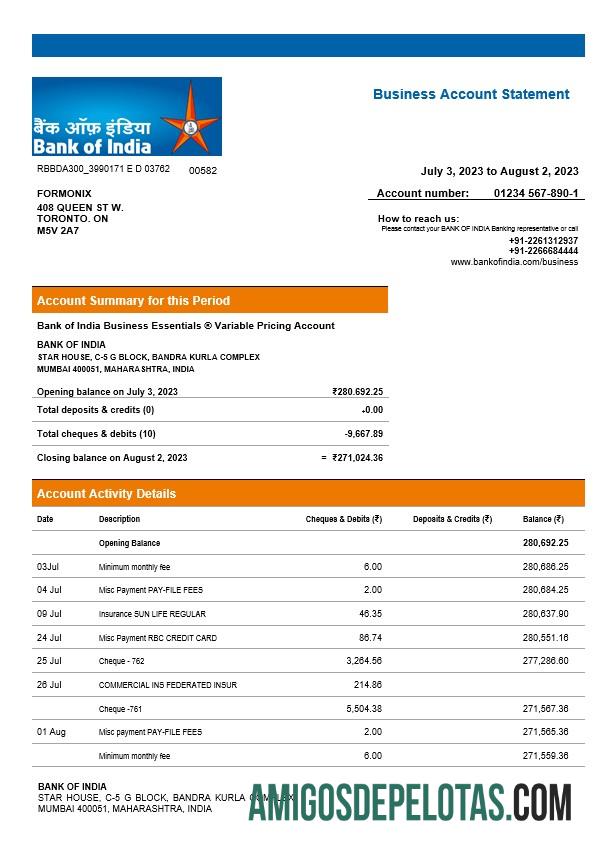 Berkualitas bank of India Perusahaan checking rekening laporan Word and PDF templat