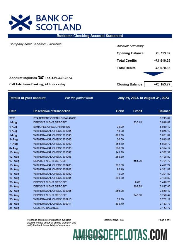 Dapat Diedit bank of Skotlandia corporate checking rekening laporan Word and PDF templat